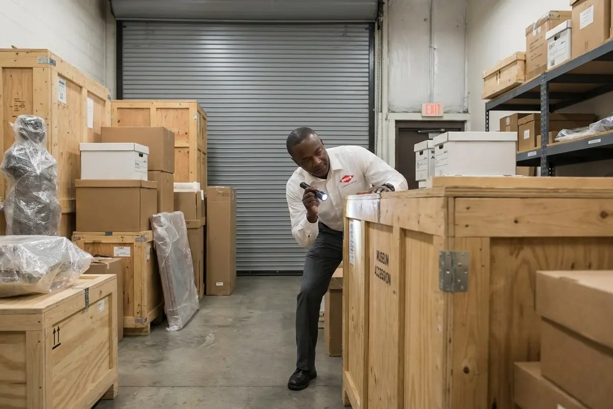 An Orkin Pro shining a flashlight behind large wooden storage crates and shelving units inside a museum archive or storage warehouse to check for pest activity around stored artifact boxes.
