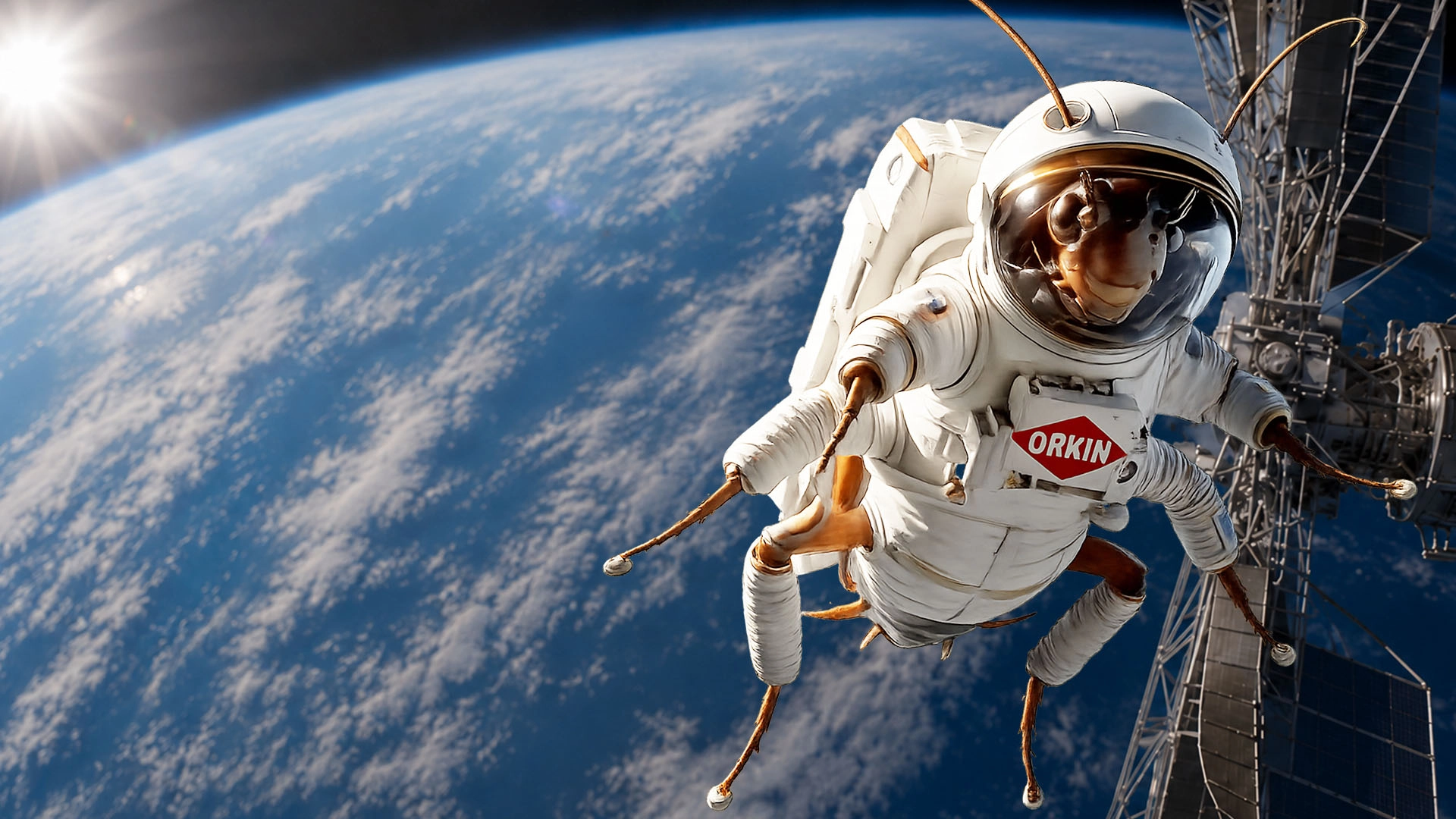 Digital art of a cockroach wearing a full white spacesuit with an Orkin logo patch, floating in space during a spacewalk outside a satellite station. Earth's blue atmosphere and bright sunlight form the vivid background behind it.