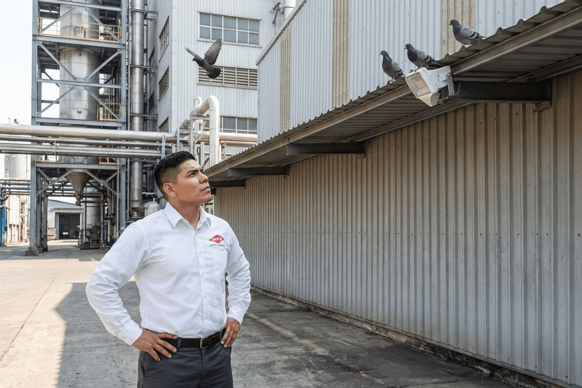 An Orkin Pro standing outside an industrial building looking up at pigeons perched on a roof ledge and flying overhead.