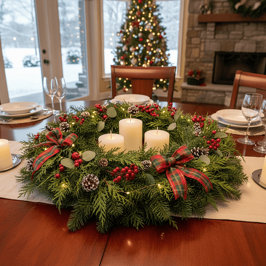 Holiday Trees & Greenery - holiday wreath centerpiece on a holiday table