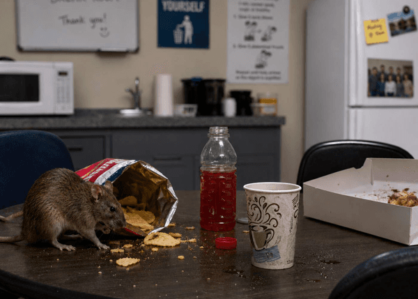 A rat eating spilled potato chips on a breakroom table beside a red sports drink, a paper coffee cup, and an open food box.
