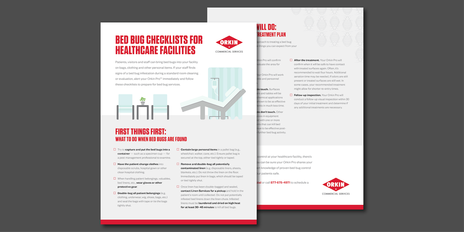 Orkin bed bug checklists for healthcare facilities such as hospitals, medical clinics, dentists, and nursing homes.