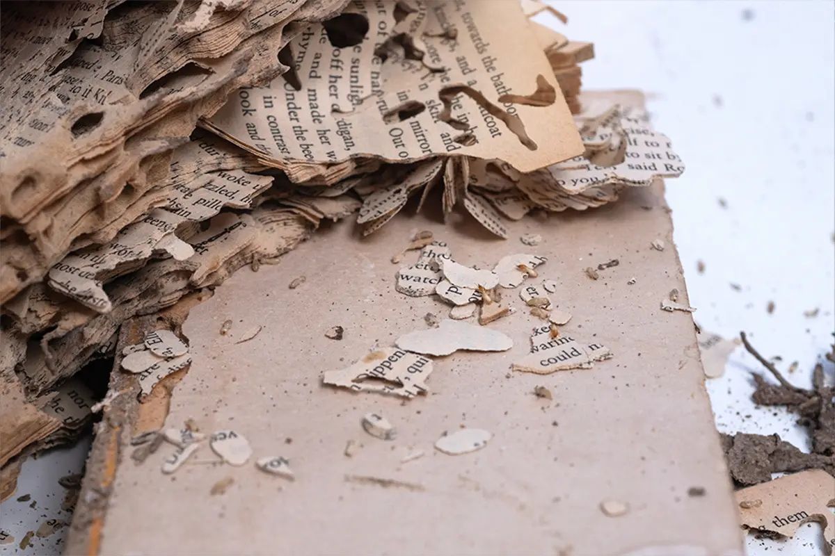 High-angle closeup of an old book with severely damaged, shredded paper edges from pest feeding. Scraps of paper, frass, and insect debris rest on the open cover alongside ragged page margins filled with printed text.