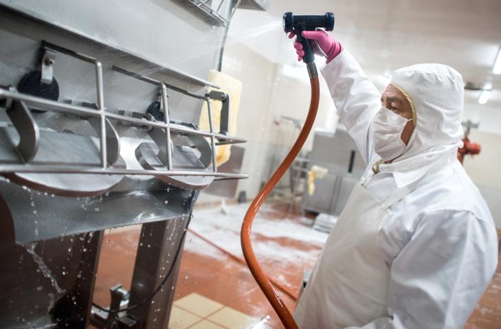 Worker Sanitizing Food Processing Facility