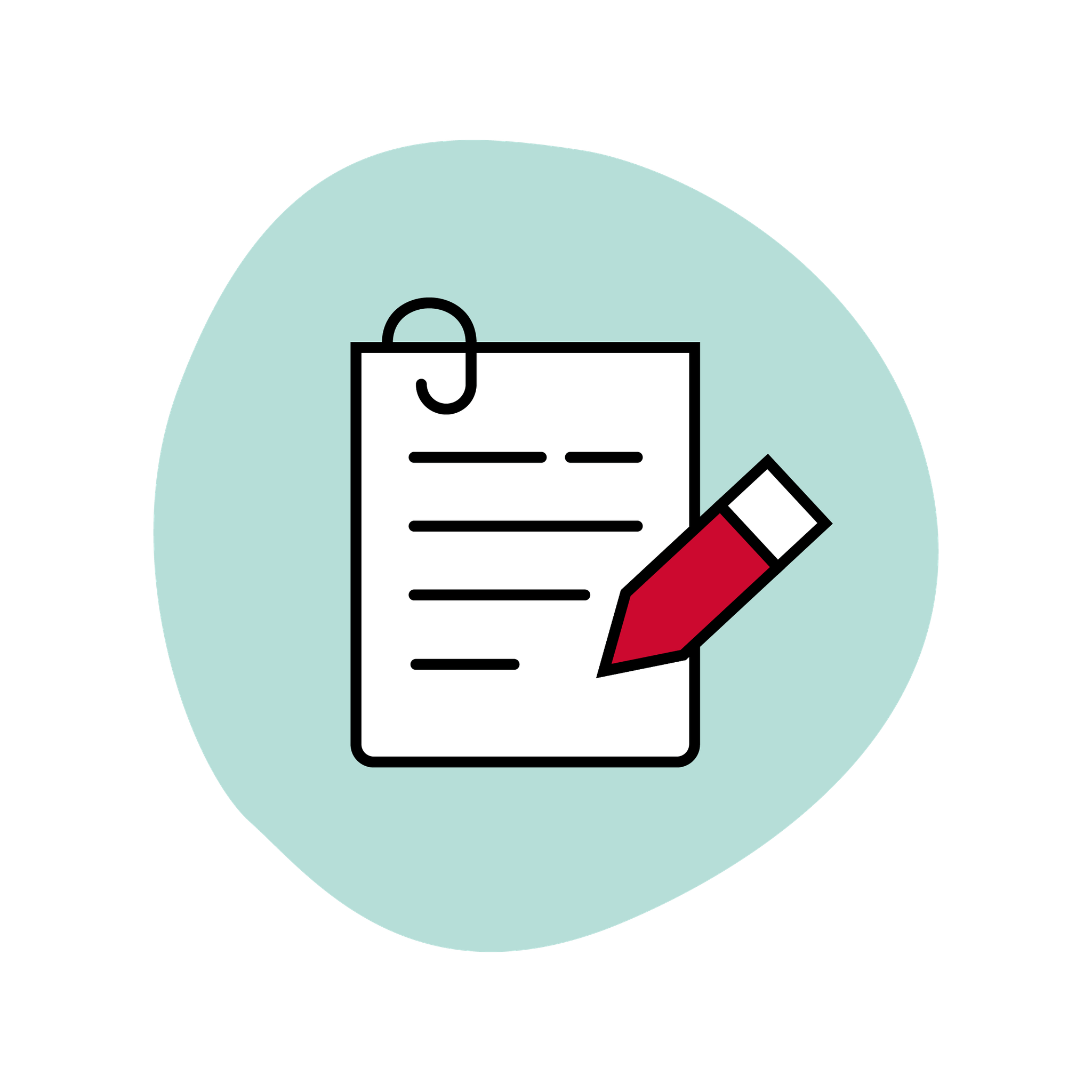 Icon of a document with a paperclip and a red pencil.