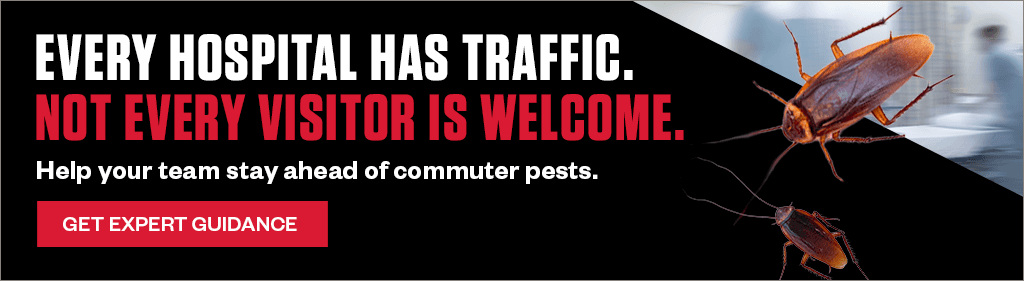 Banner text: Every hospital has traffic. Not every visitor is welcome. Help your team stay ahead of commuter pests. Button: Get Expert Guidance. Graphic includes cockroaches.