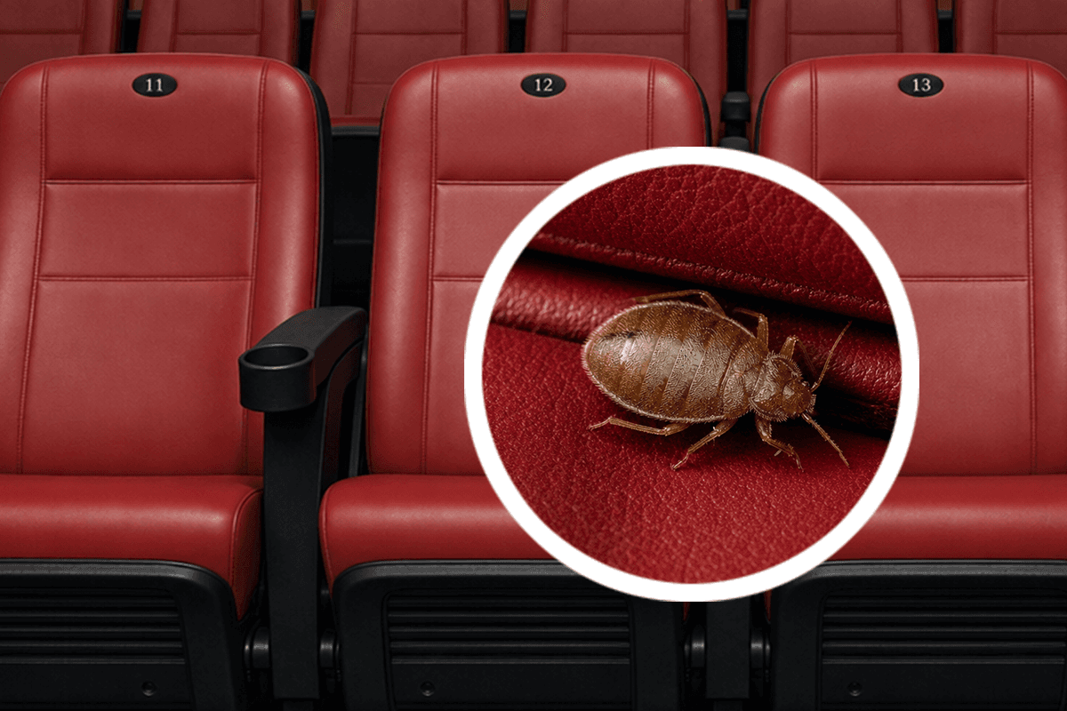 Red leather cinema seats with a circular inset zoom showing a bed bug crawling along a seat seam.