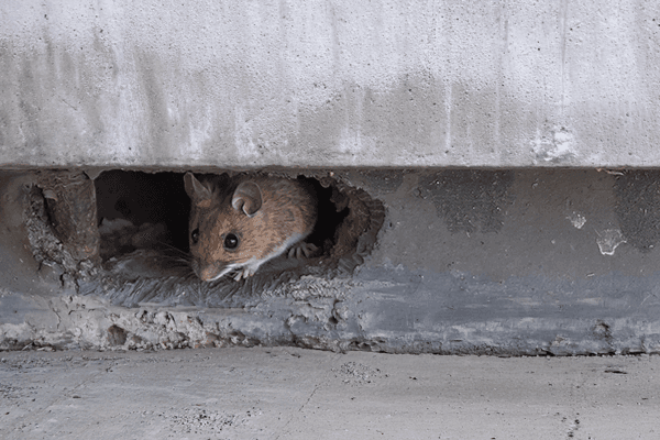 Small brown mouse peering out from a hole gnawed in a concrete wall.