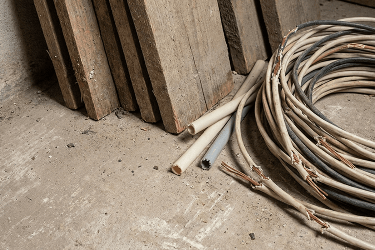 Bundled wires showing severe chew marks and exposed copper, next to chewed plastic pipes and wooden planks on a concrete floor.