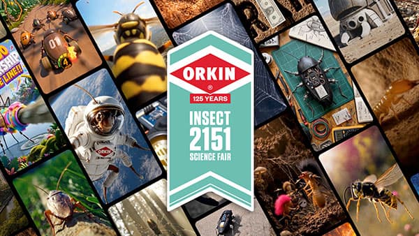 A collage of futuristic insect imagery surrounding a central ribbon logo that reads "Orkin 125 Years Insect 2151 Science Fair." Featured panels depict an astronaut insect, racing beetles, cybernetic bugs, and wasps in creative sci-fi scenes.