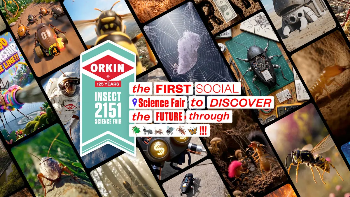 Orkin 125 Years Insect 2151 Science Fair logo alongside text: "the FIRST SOCIAL Science Fair to DISCOVER the FUTURE through" with various insect images and emojis in a tiled photo collage.