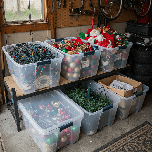 Holiday Decorations & Storage - plastic bins of holiday decorations
