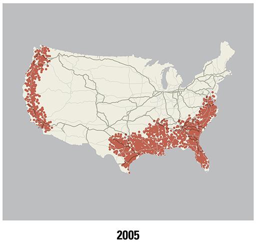 Map of roof rats in U.S. in 2005