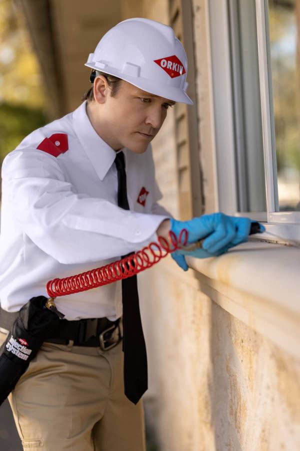 Orkin Pro protects home by applying an aerosol treatment to the window.