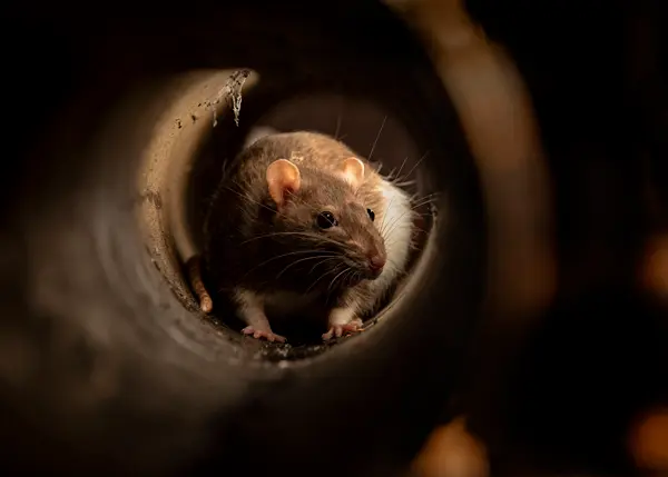 A brown rat looking out from inside a dark, open pipe.