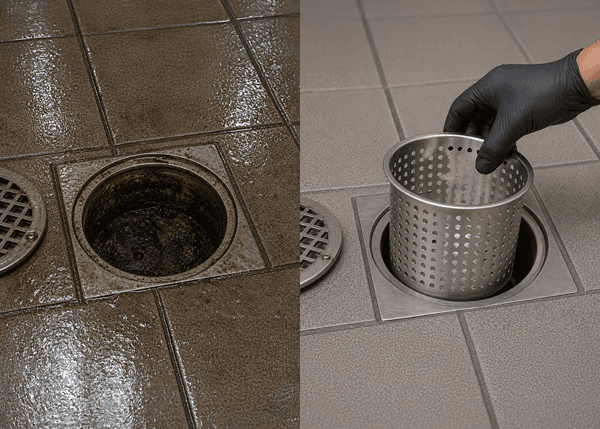 A split image showing a dirty, open floor drain on the left and a clean floor drain on the right where a gloved hand is inserting a metal strainer basket.