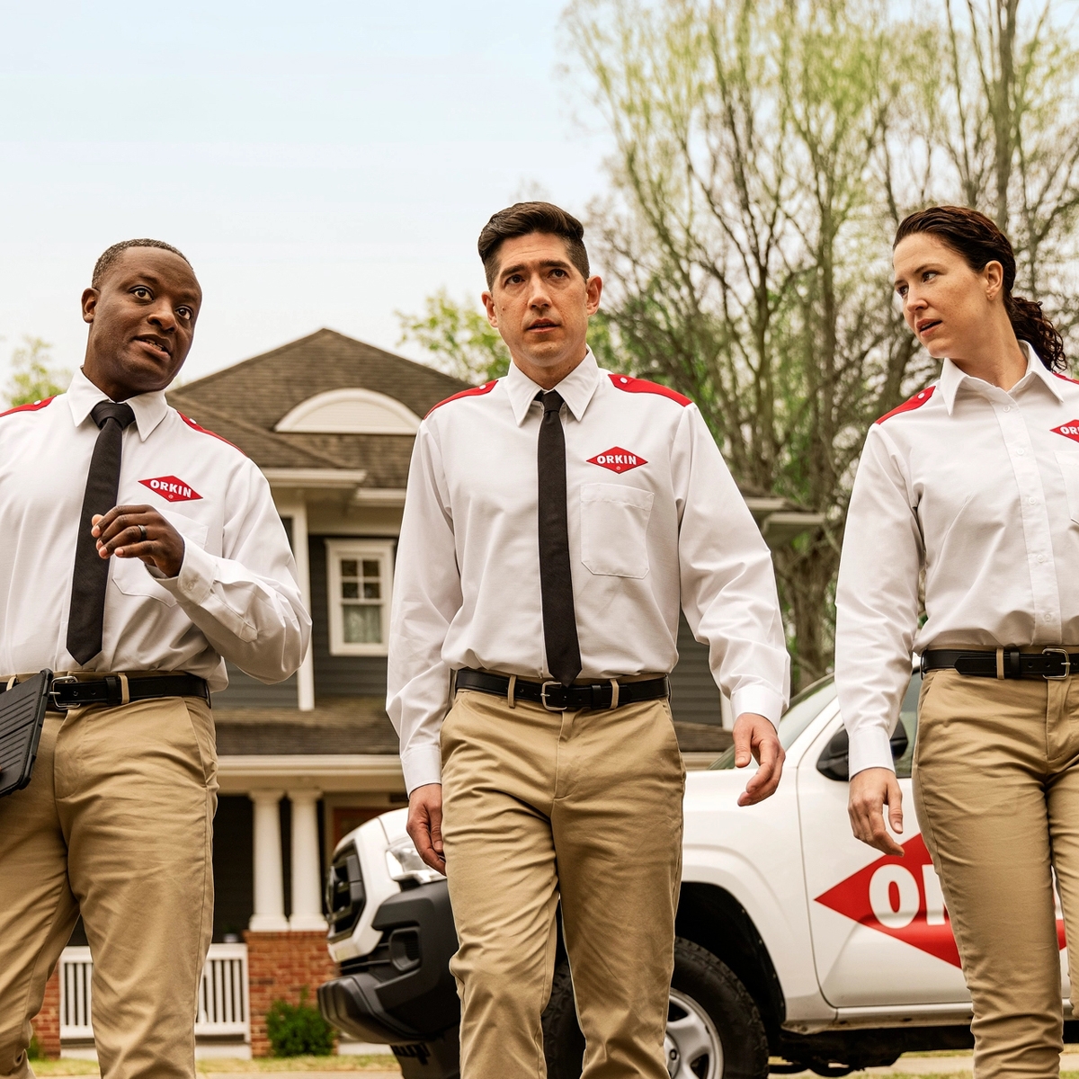 Three Orkin Pros talking as they walk up to a customer's home