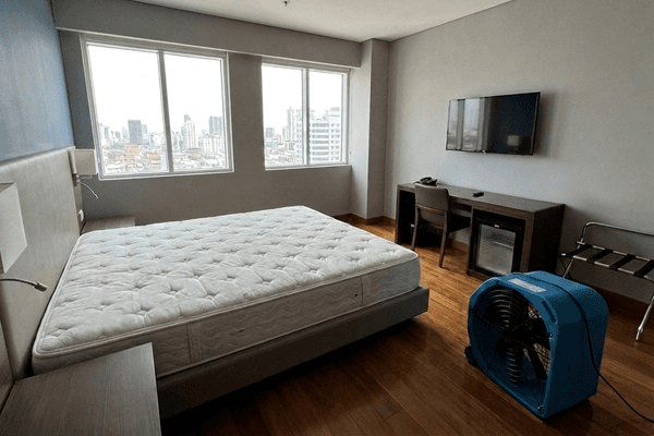 A hotel room set up for bed bug treatment, featuring an unmade mattress stripped of linens, a blue industrial air mover fan on the wooden floor, and a city view through large windows.