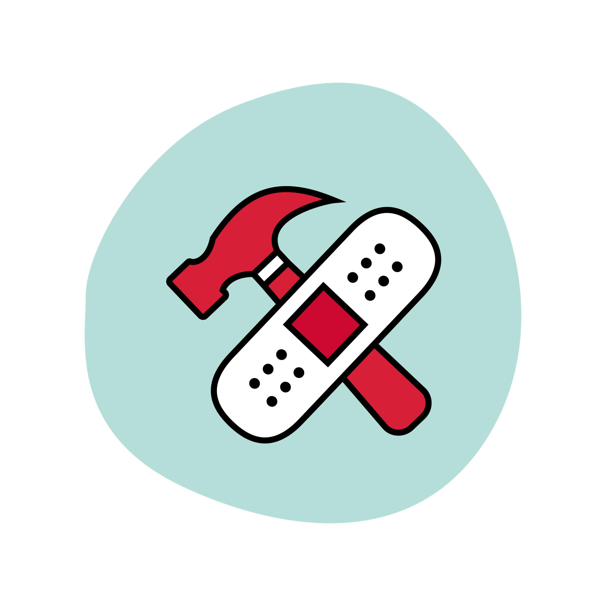Icon featuring a crossed red hammer and an adhesive bandage.