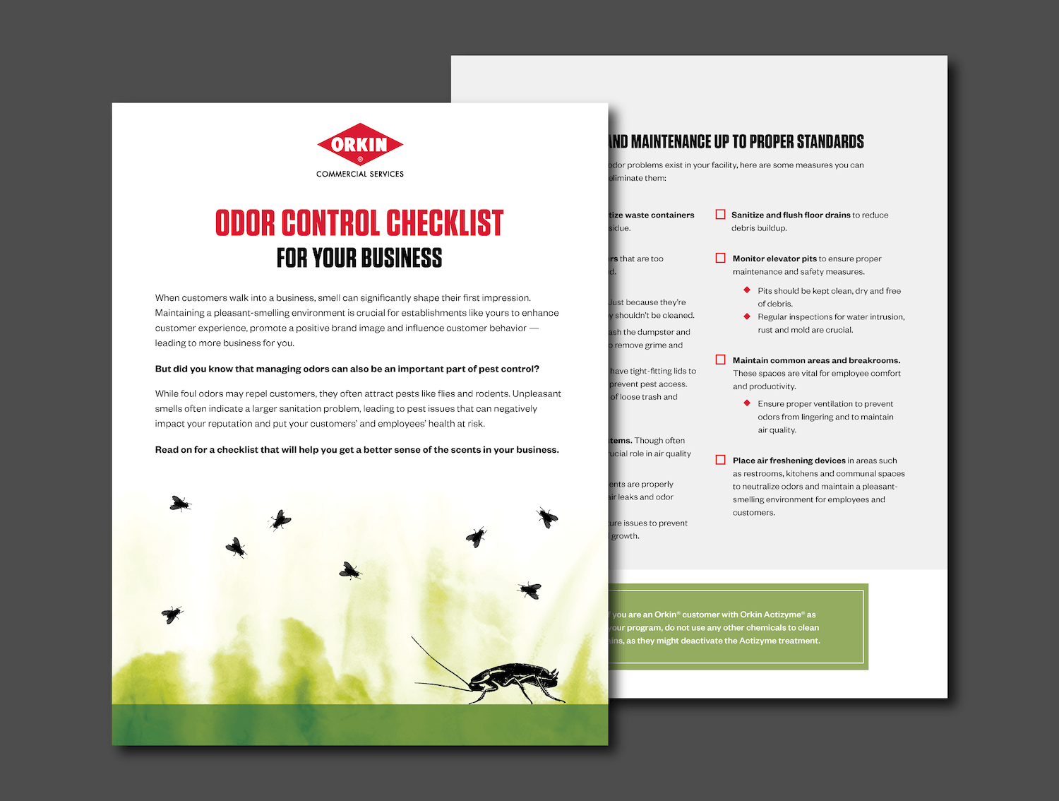 Odor control checklist for business to deter flies, cockroaches and other pests attracted to foul odors.
